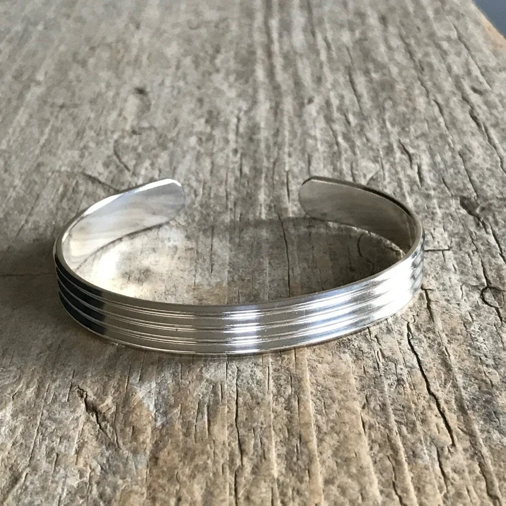 Shiny Sterling Silver Pinstripe Open Cuff Bangle Handmade 10x2mm Wide